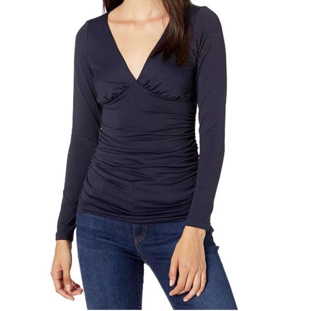 Susana Monaco Black Deep V-Neck Side Ruched Top in Black -SZ Medium
